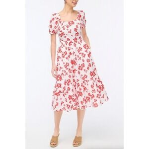 J. Crew Floral Puff Sleeve Tiered Red and White Square Neck Midi Dress Cottage 2